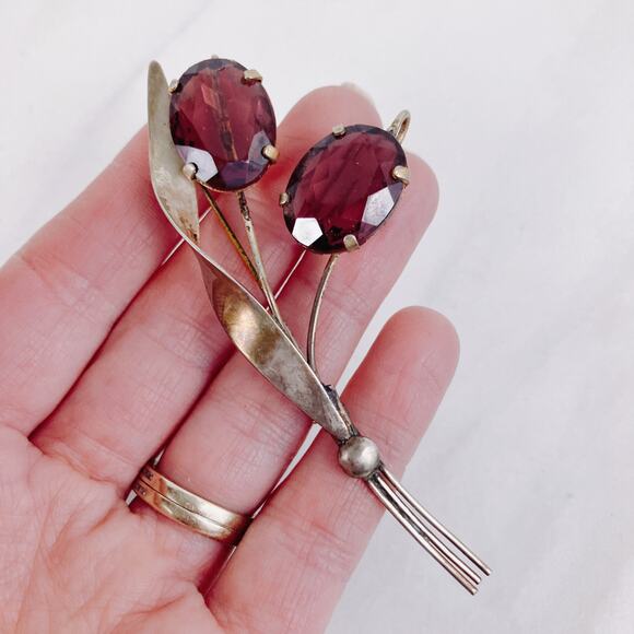 VTG 20s-30s Sterling Silver Floral Brooch Purple Glass Stones Nouveau Influence - Picture 4 of 8